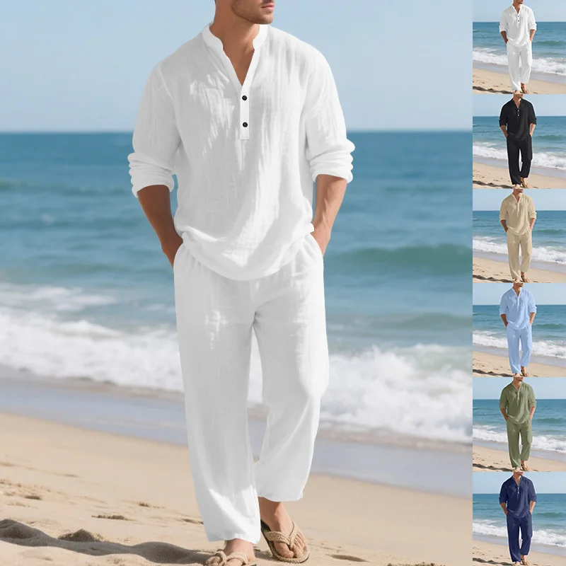 Linen Autumn New Men's Suit Beach Style Loose Casual Breathable V-Long Sleeve Henley Shirt with Straight-Leg Pants 2 Set