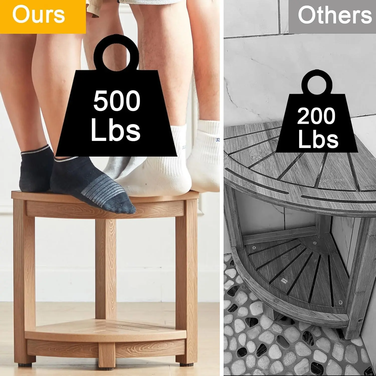 Waterproof Corner Shower Stool with Adjustable Feet, Non-Slip Brown Seat for Bathroom and Outdoor Use