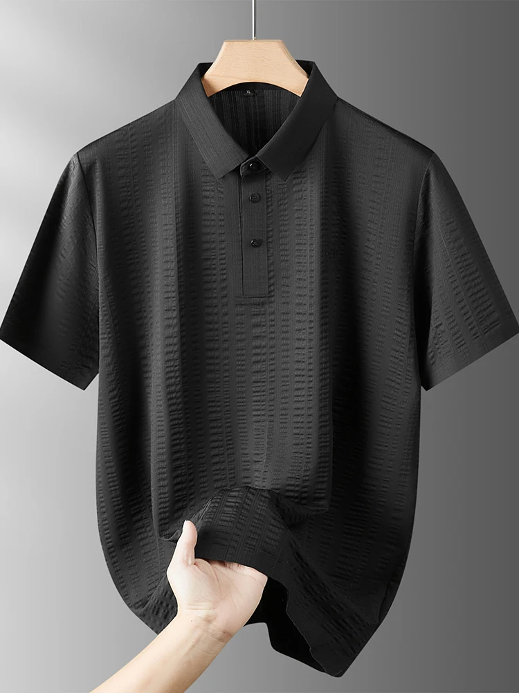 

Новая летняя футболка из ледяного шелка Sl ort Sve irt для мужчин, свободная футболка большого размера Busin Qui Dry с отложным воротником Faion...