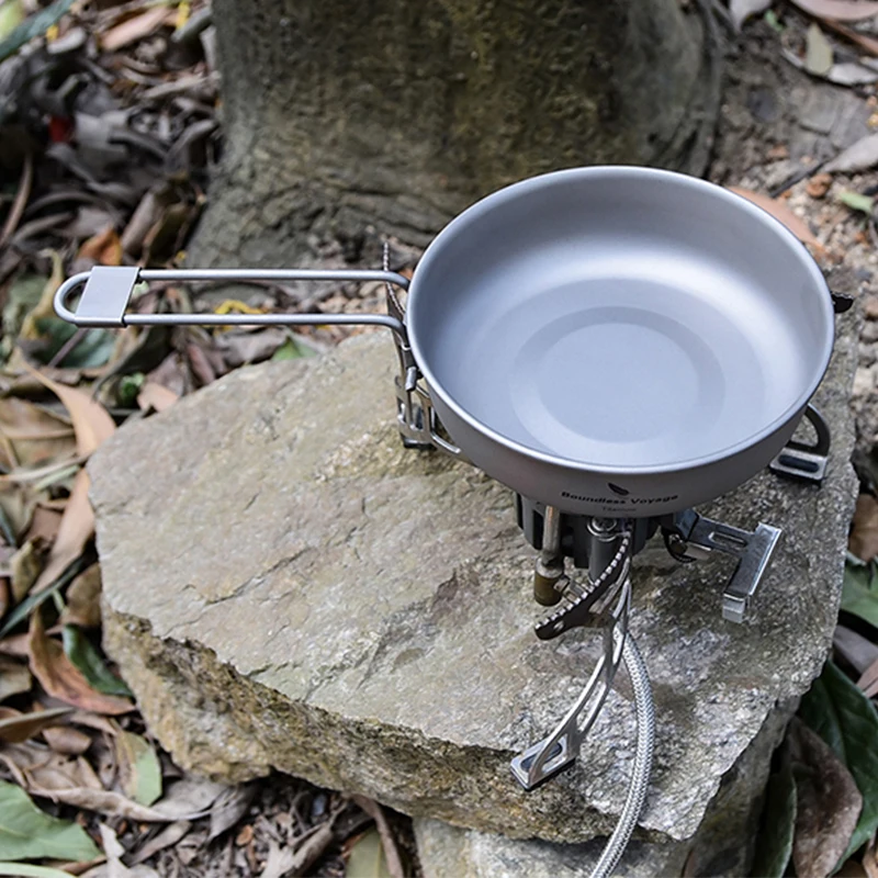 Camping Cookware Titanium Frying Pan, 5in Folding Handle, Ultralight Outdoor Travel Picnic Tableware, Titanium Kitchenware Pot