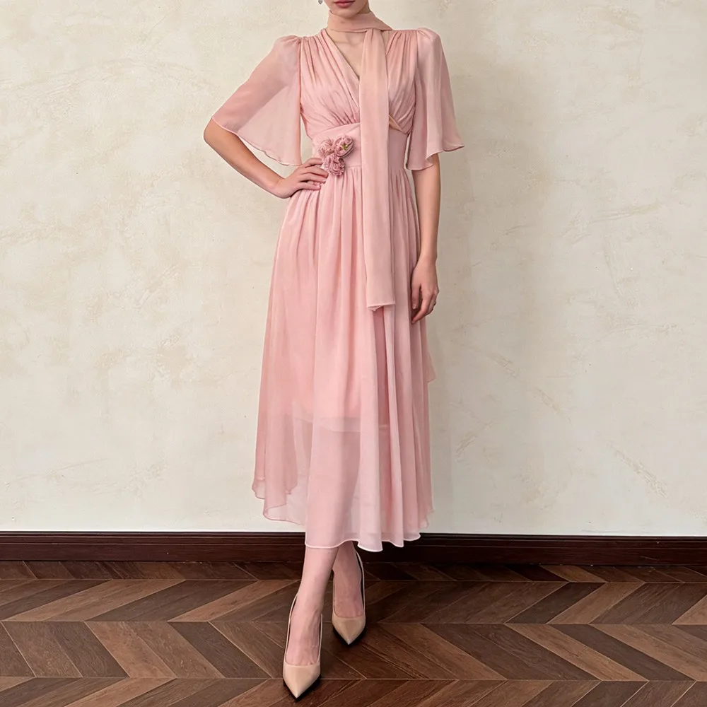 TWOTWINSTYLE Solid Spliced 3D Flower Chic Dress Female V Neck Half Sleeve Loose Elegant Sweet Women's Dresses Summer Fashion New