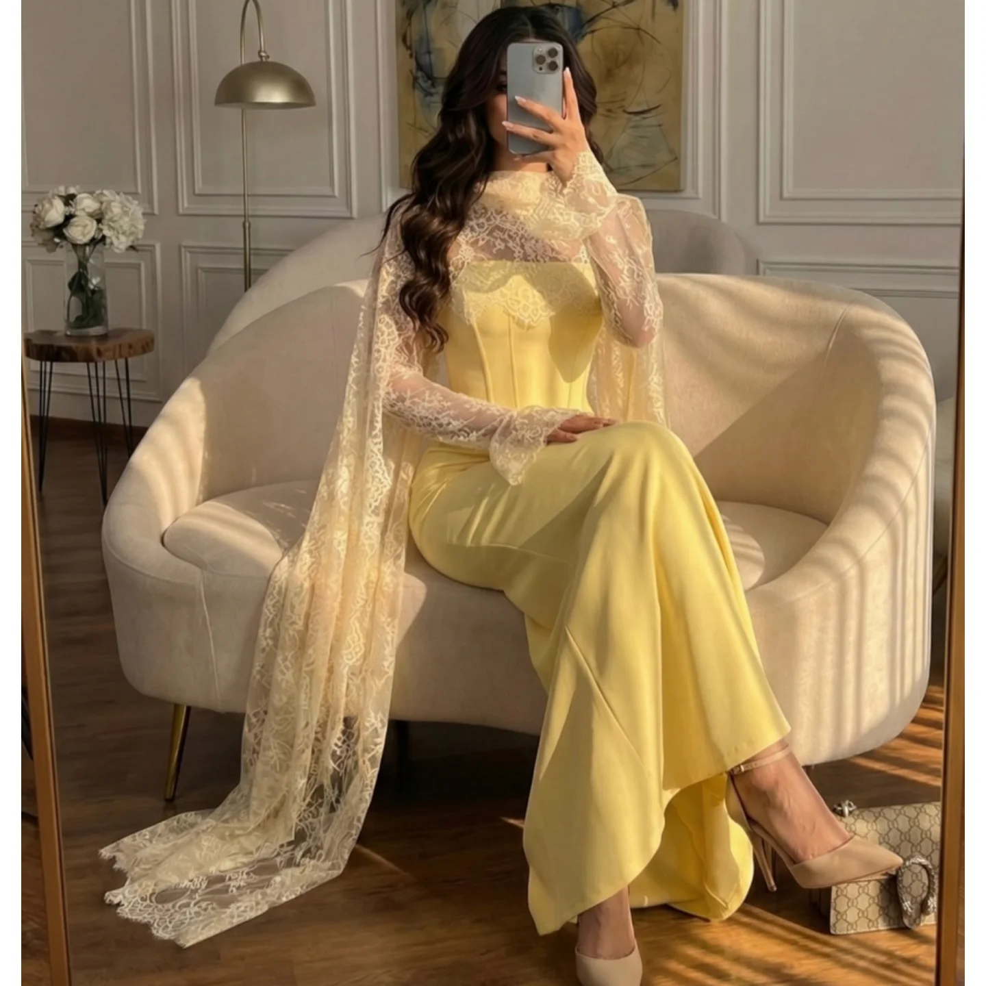 

Elegant Yellow Lace Prom Dress Stylish Sleeves Evening Dresses Customized Saudi Arabia Women's Formal Request Party Wedding