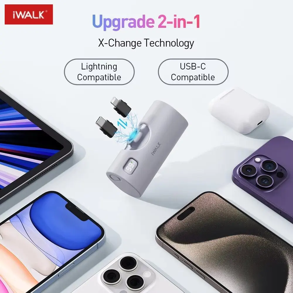 iwalk portable capsule dual connector fast charging power bank with interchangeable head suitable for iPhone Type-C Lightning