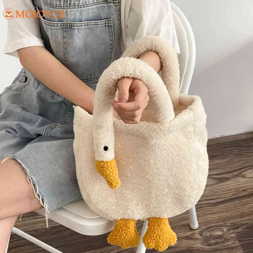 Kawaii Plush Goose Shape Handbag Women Winter Lambwool Crossbody Messenger Bag Girls Cute Shopping Tote Bag Ladies Shoulder Bag