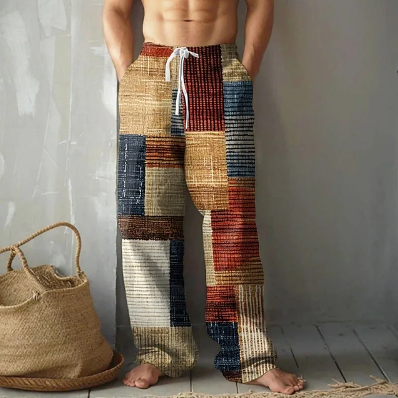 

Stylish Men's Outdoor Beach Vacation Wide-Leg Pants Retro-Style 3D Patchwork Print Relaxed Drawstring Design Casual Trousers