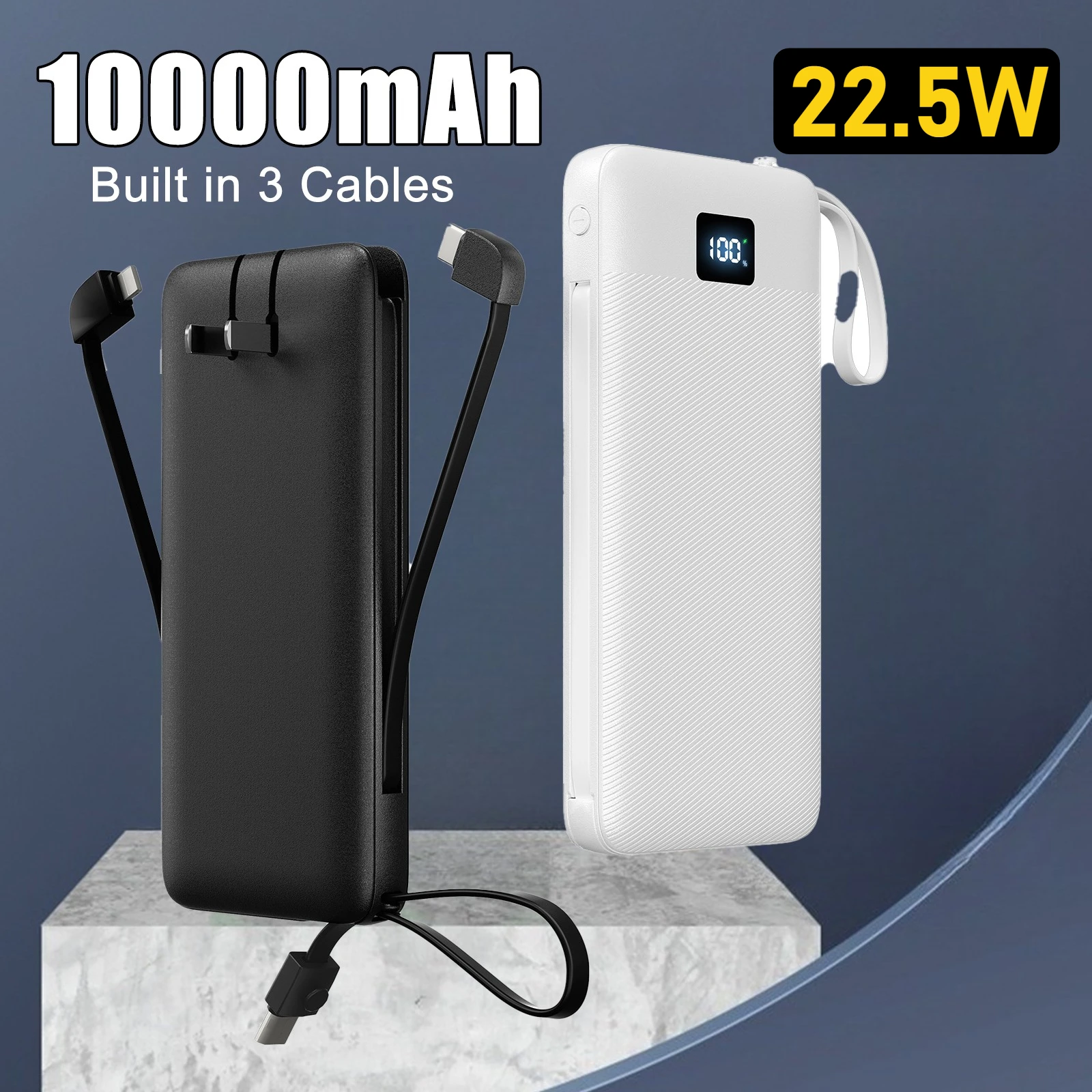 

10000 мАч Power Bank с быстрой зарядкой 22,5 Вт Power Bank с быстрой зарядкой и встроенным кабелем, вилка переменного тока, аккумулятор Powerbank для IPhone Xiaomi