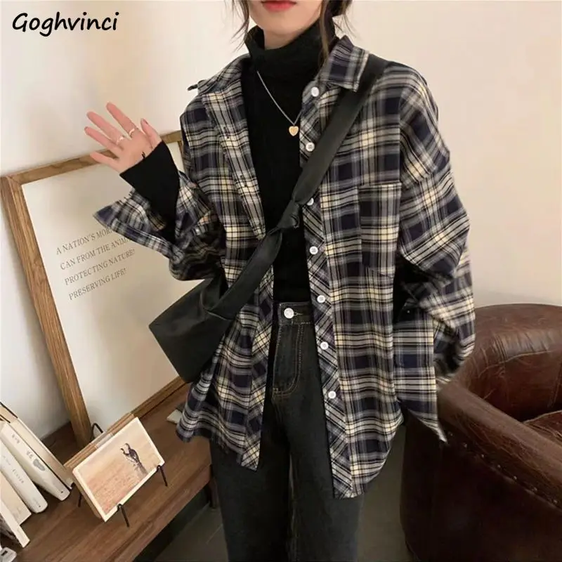 

Navy Plaid Shirts for Women Vintage Korean Fashion College Loose Classic Design BF All-match Long Sleeve Casual Spring Autumn