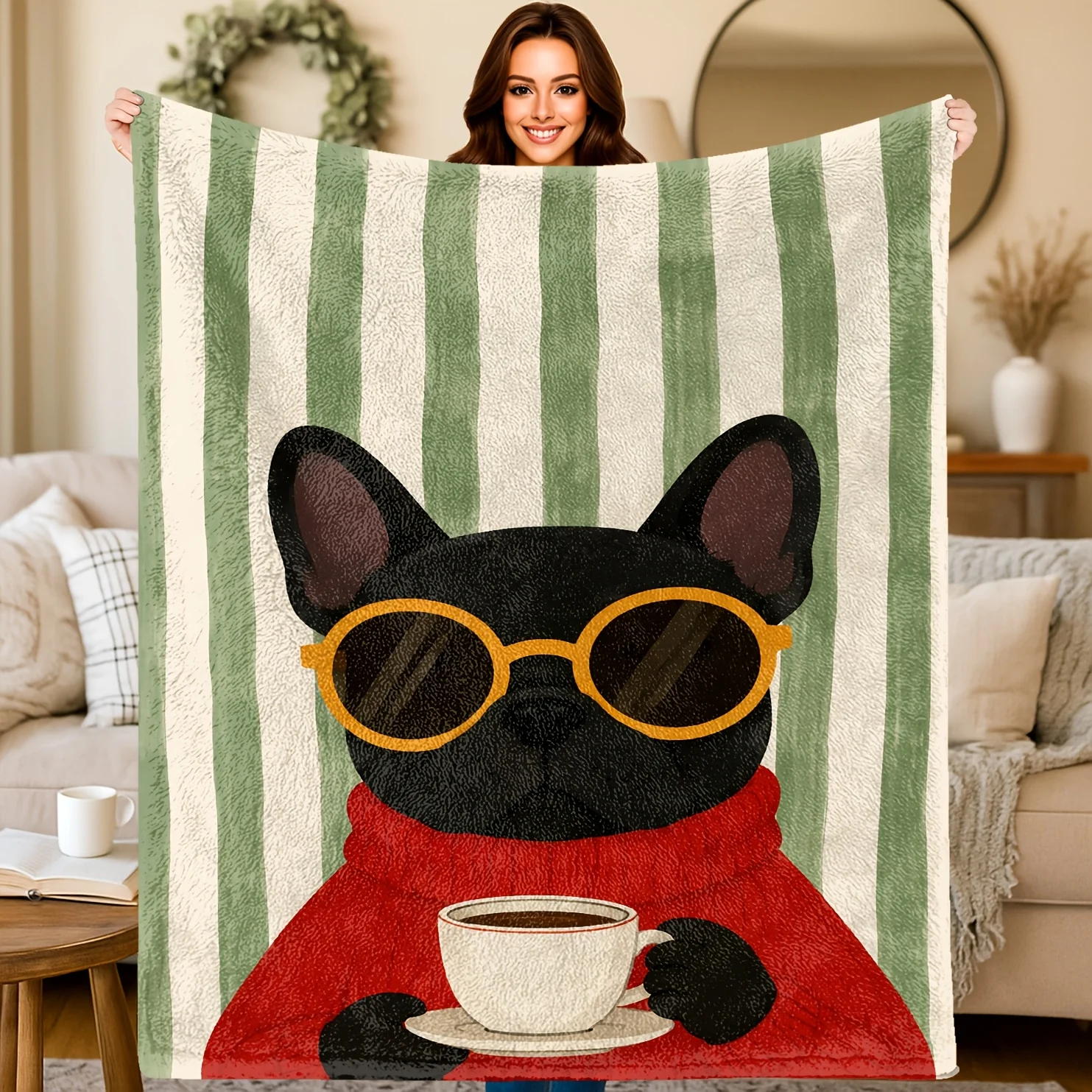 1pc Blanket, Black Poodle Drinking Coffee Striped Background All-Season, Birthday And Holiday Gift, Suitable for Sofa Bed Office
