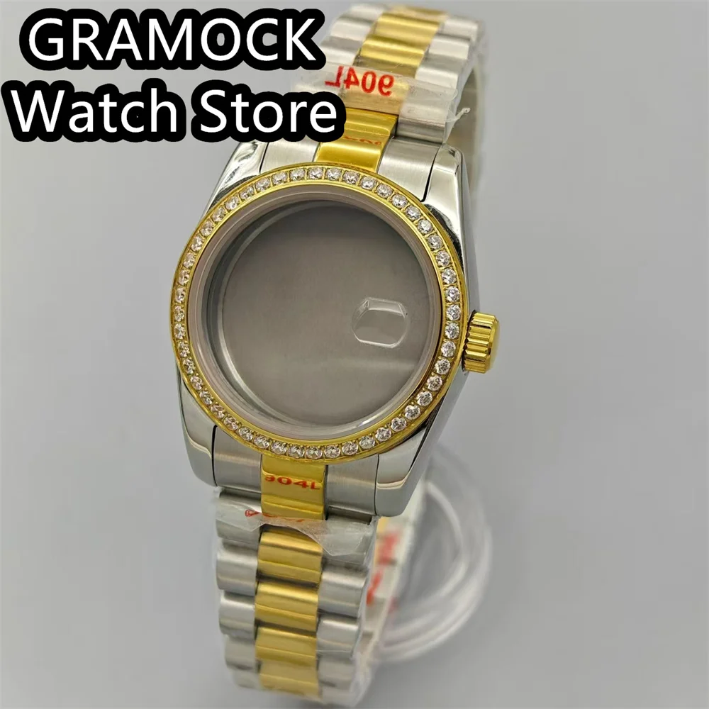 GRAMOCK 30.5mm Luxury Diamond Bezel Women Watch Case Sapphire Glass Steel Strap For NH05 NH06 Movement Replacement Parts