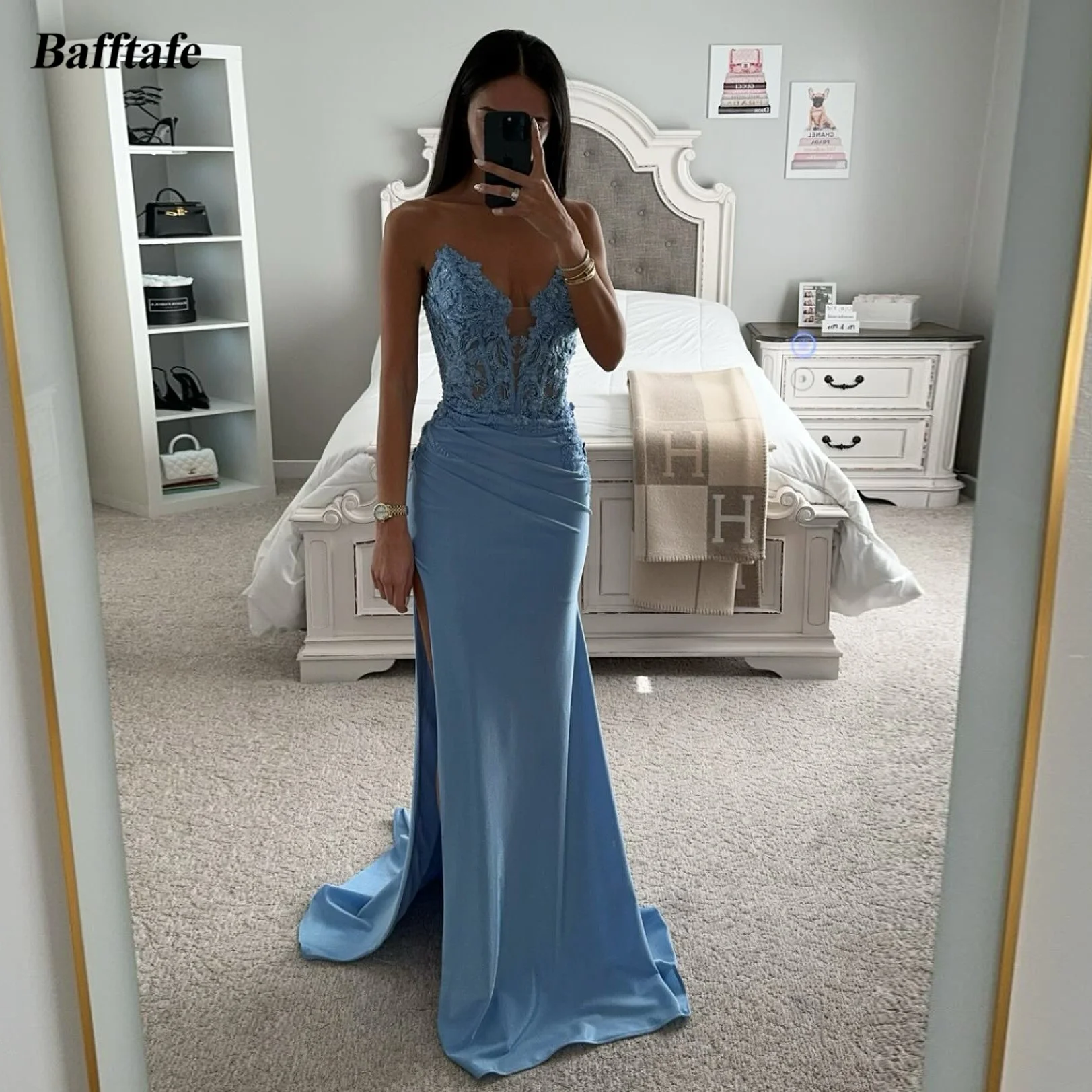 

Bafftafe Blue Satin Mermaid Evening Dresses For Women Lace Top Bones Leg Slit Formal Party Prom Gowns Special Occasion Dress