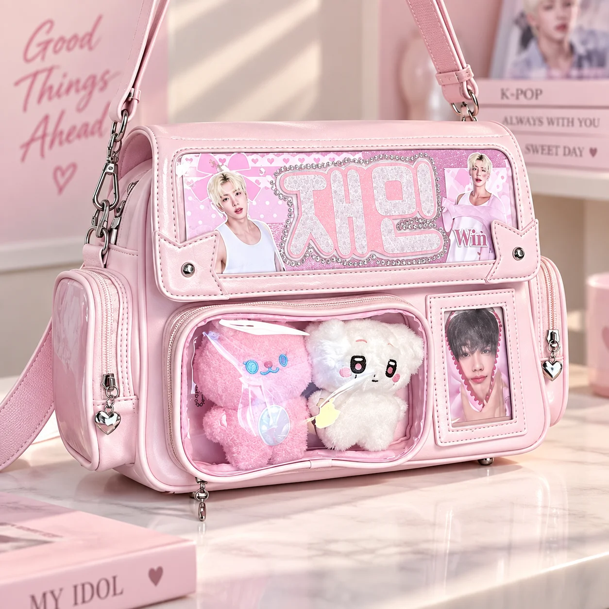 Pink PU Leather Ita Bag Clear Display Window Multi-pocket Crossbody Shoulder Bag for Anime Concert Idol Pins Dolls Daily Use