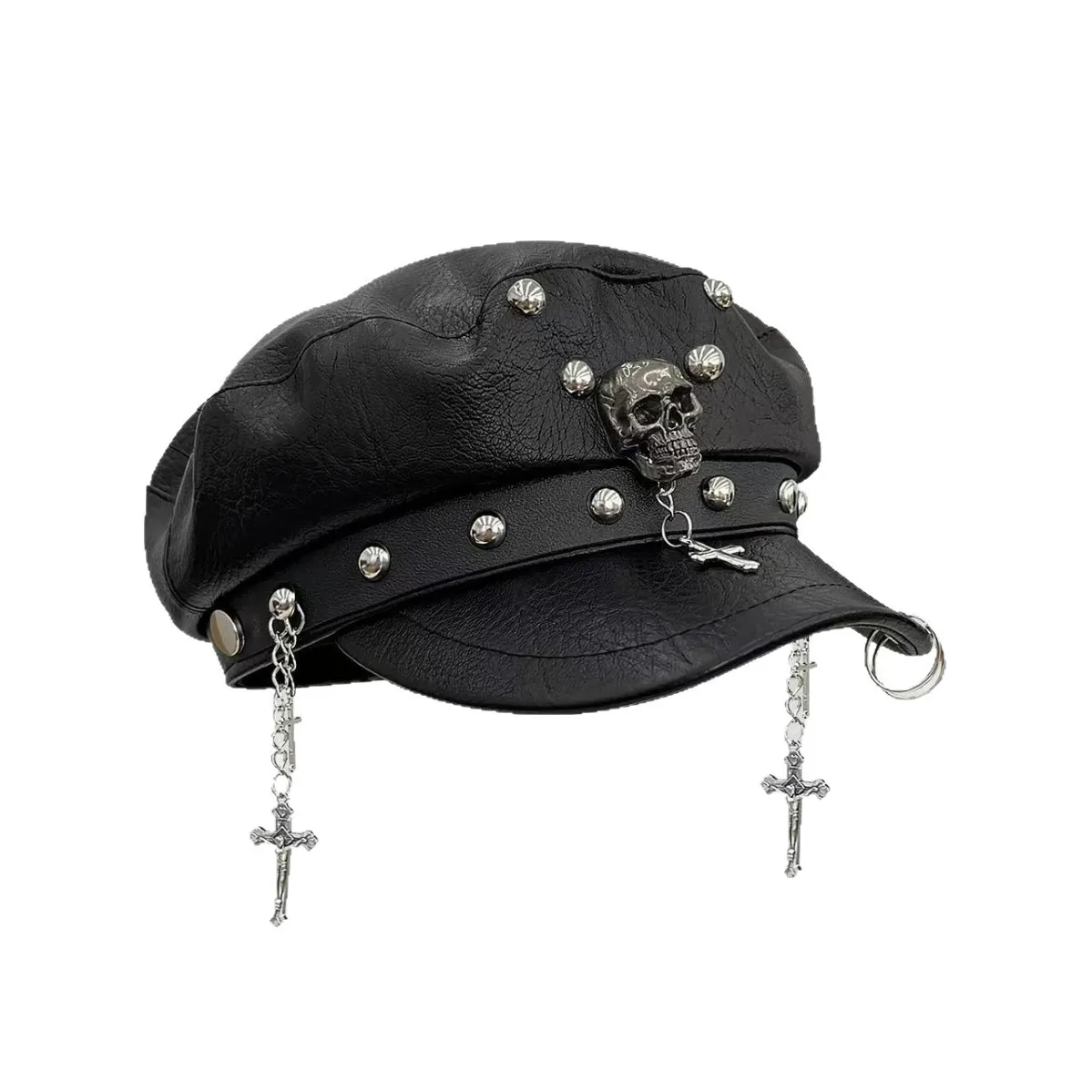 فاسق النمط البريطاني القبعات الإناث بولي Leather الجلود قبعة عادية الجمجمة قارب مرساة سلسلة ربط برشام Harajuku القوطية لوليتا قبعات مثمنة #6