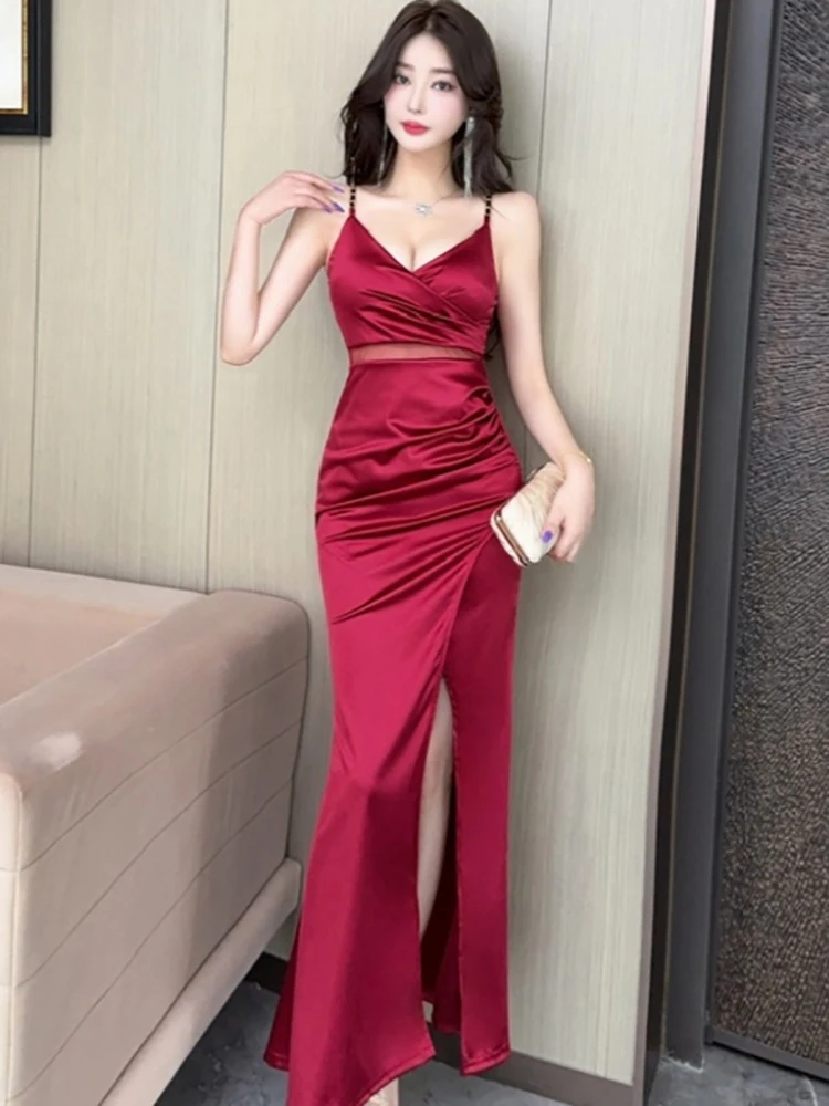여름 레드 새틴 중공 섹시한 슬링 롱 드레스 여성 한국어 빈티지 댄스 파티 드레스 2025 우아한 Bodycon 럭셔리 나이트 드레스