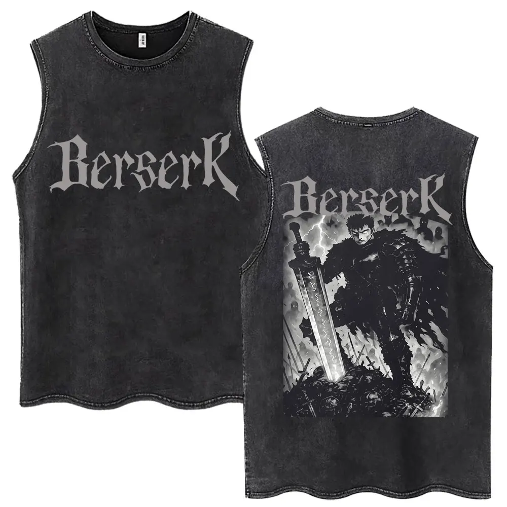Débardeurs et Gilets sans manches décontractés en 100% coton, style Anime Berserk Guts, Harajuku, Streetwear, motif Épée-sage Gatsu, effet délavé