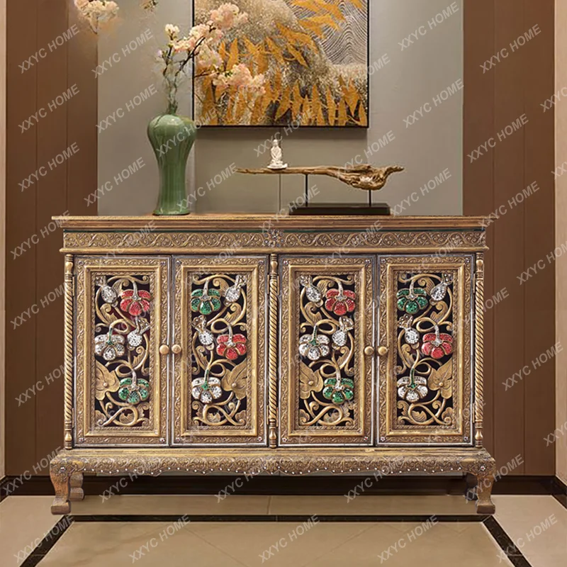 Solid Wood Carving Entrance Cabinet Living Room Screen Cabinet Storage Cabinet Furniture Hand Carved Solid and Durable