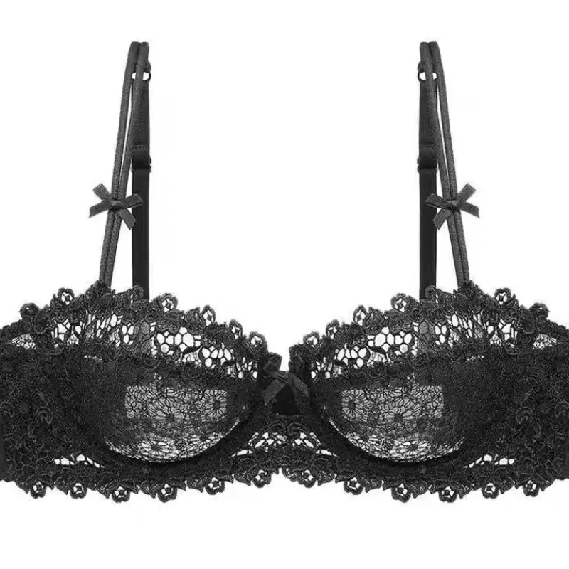European Lace Bra Set Ultra-Thin Semi-Transparent, Half Cup Pure Desire Bras for Small Chest, Anti-Sagging Comfortable Underwear