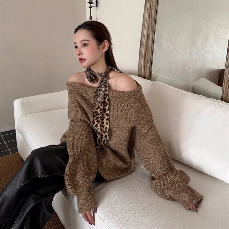 

Zekye Woman Clothing Knitted Sweater Off-the-shoulder Sweater One-word Shoulder Long Styles Pulls Femmes Christmas Sweater