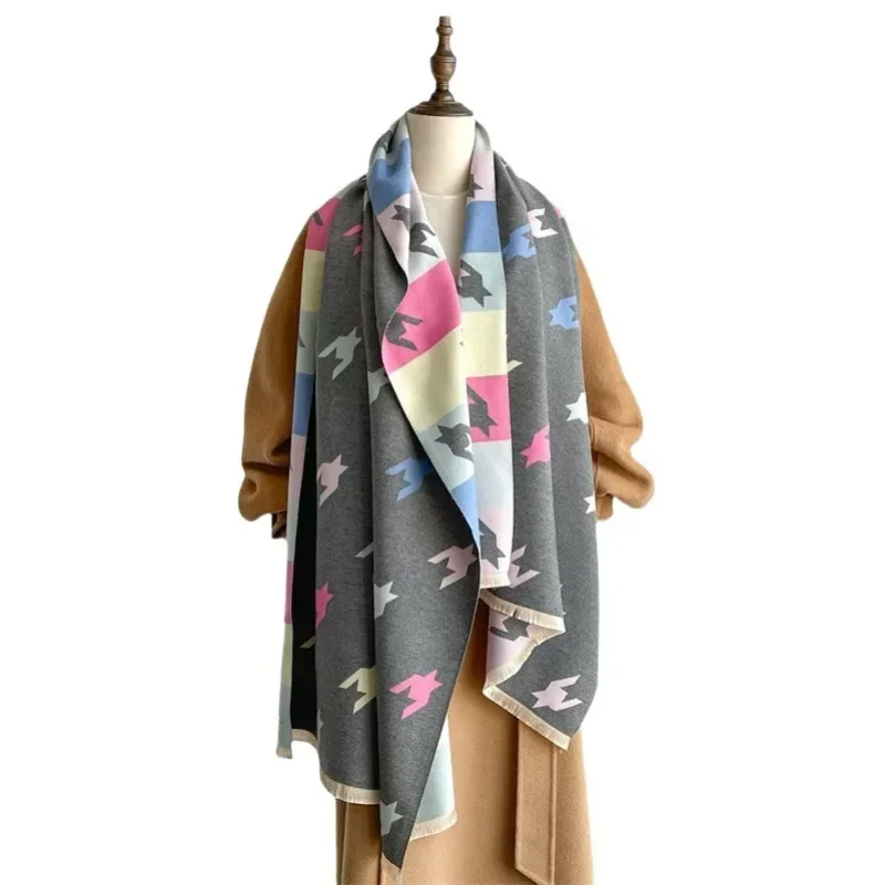 Winter warm fashion high sense age reduction scarf double-sided printing color thousand birds grid imitation cashmere shawl