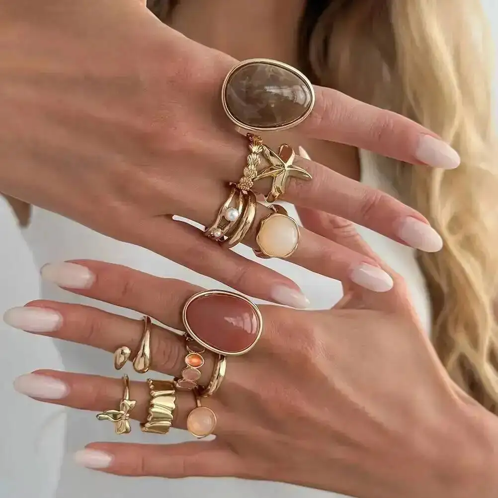 Salircon 13 Pcs/Set Creative Stylish Imitation Pearl Drill Metal Ring for Women Fashion Boho Stackable Open Ring Y2K Jewelry