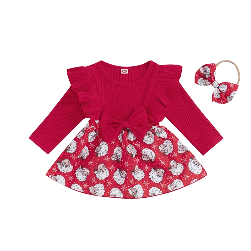 

Baby Girls Christmas Outfit Long Sleeve Santa Claus Tree Print Romper Dress with Headband Clothing Set