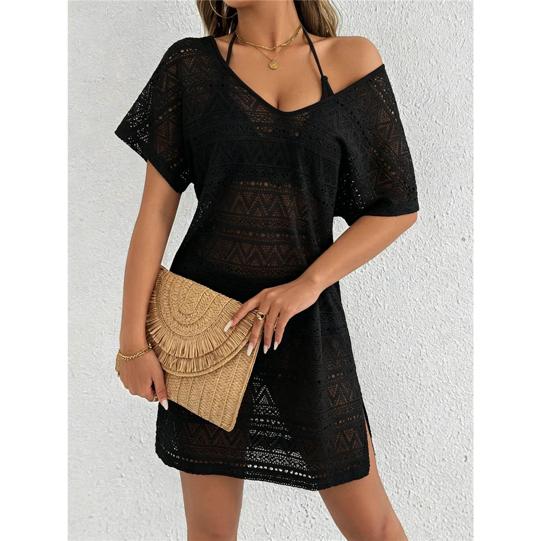 S - XL, V-Ausschnitt, kurze Ärmel, ausgestelltes, gestricktes Tunika-Oberteil, Strandkleid, Strandmode, Damen, V8214 – Detail 11