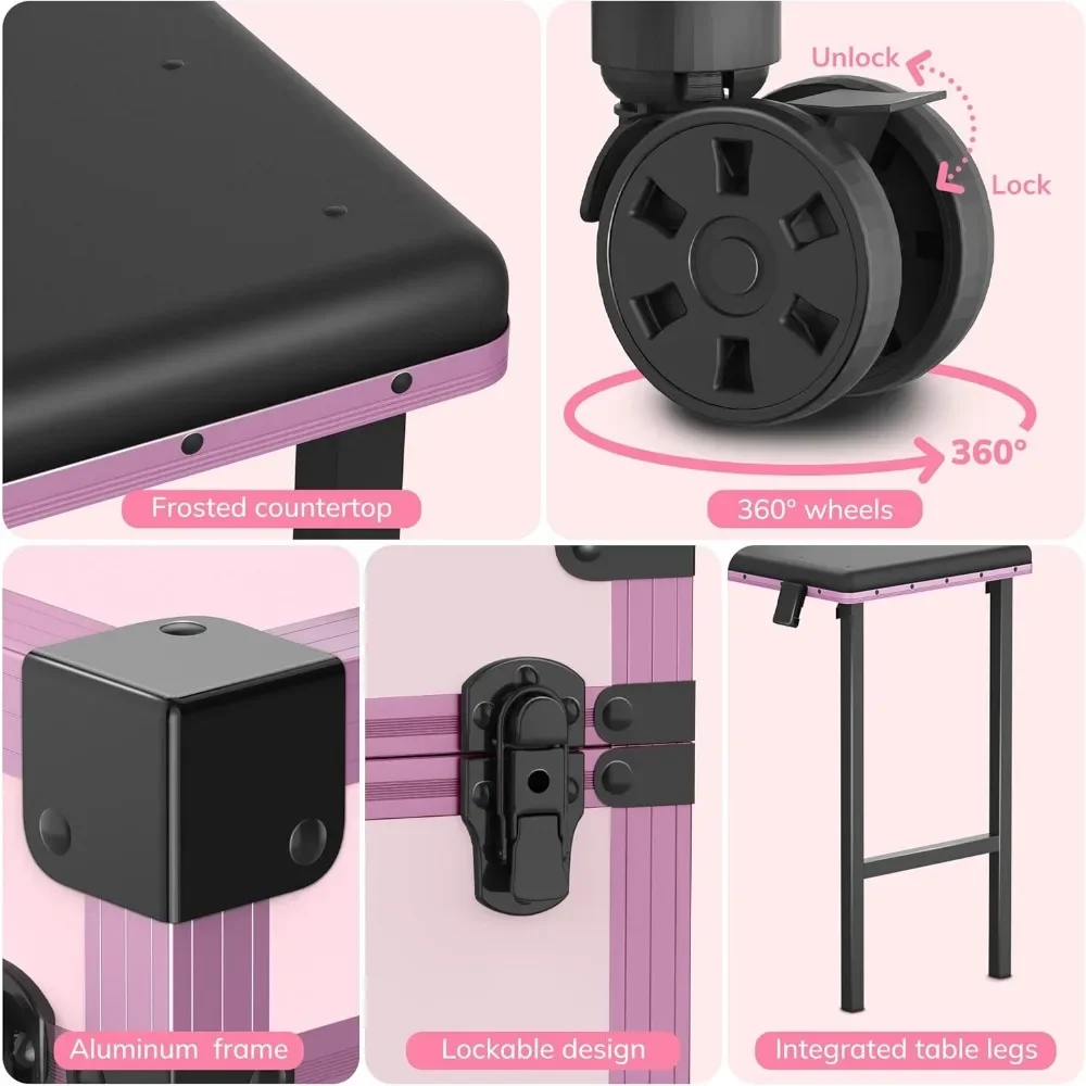 طاولة تعزيز الأظافر المحمولة القابلة للطي مع درجين، مرآة وطلاء أظافر، صندوق قطار مستحضرات التجميل القابل للقفل و #4