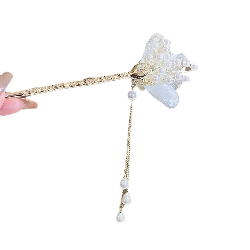 앤티크 스타일과 고급스러운 느낌의 새로운 중국 스타일 진주 메쉬 꽃 머리핀 코일 머리핀 복고풍 Hanfu 헤어 액세서리