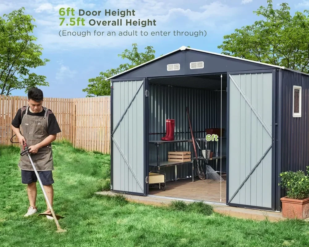 10x12x7.5 FT Outdoor Storage Shed, with 2 Light Transmitting Window and Double Lockable Door, Oversized Tool Sheds for Backyard