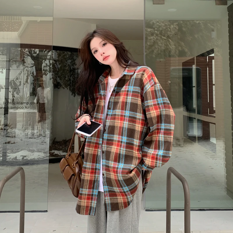 Plaid Shirts Women Casual All-match Contrast Color American Retro Streetwear Long Sleeve Hotsweet Aesthetic Popular Summer Daily