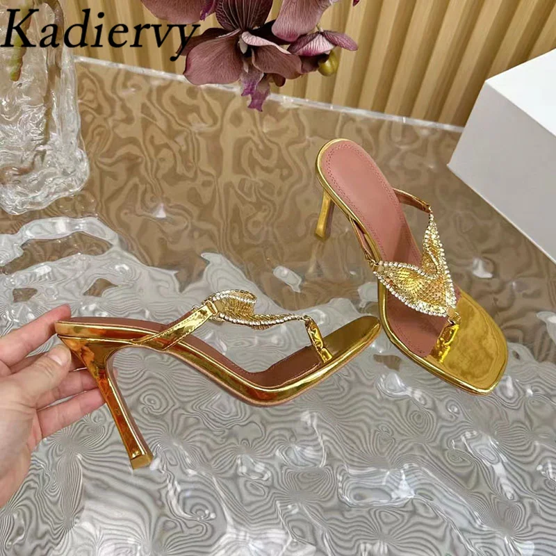 Rhinestone Slippers Woman Flip Flops High Heels Party Dress Shoes Woman Summer Slides Stiletto Crystal Bling Sandals For Women