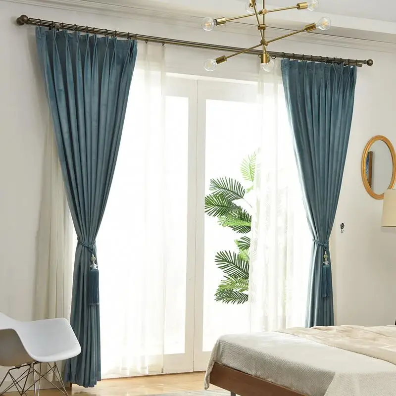 Nordic Light Luxury Haze Blue High-End Solid Color Curtains, Thickened Velvet Shading Velvet Suitable For Bedroom Living Room