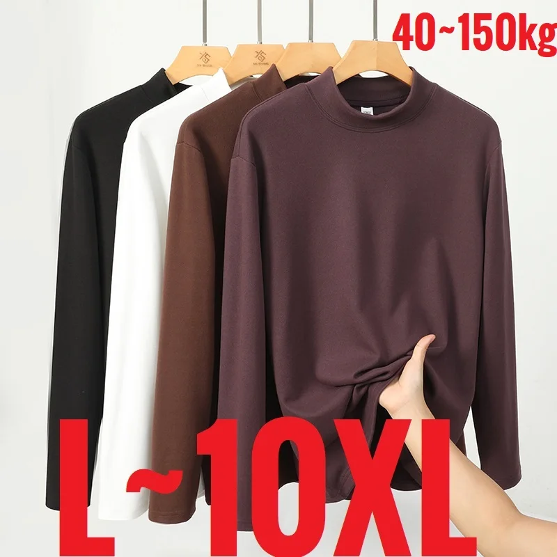 Big Size 10XL Men's Winter T-shirt Half Turtleneck T Shirt Male Fleece Lined Long Sleeve Bottoming Inner Plus Large Tshirt 160kg