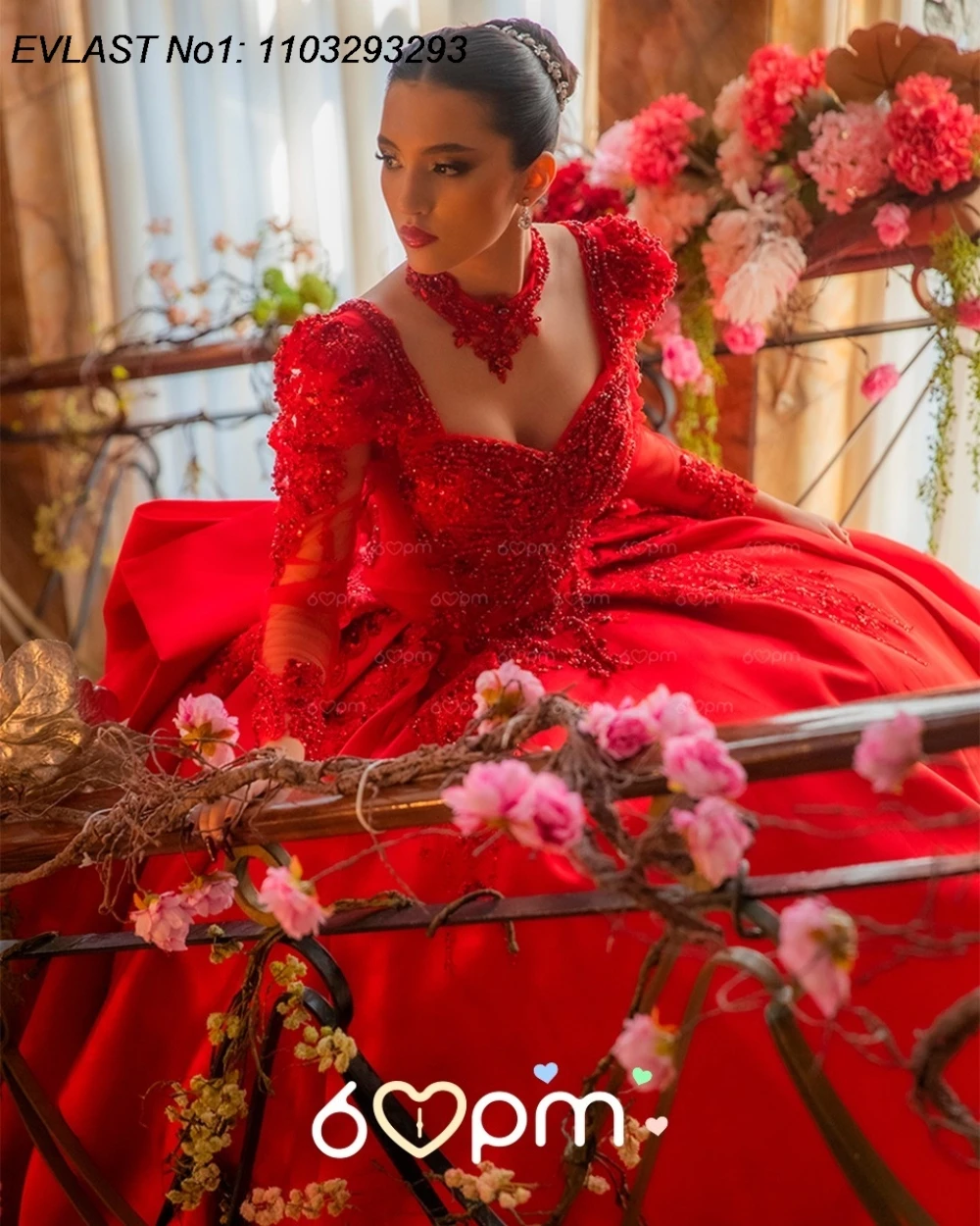 EVLAST カスタマイズされたエレガントな赤いキンセアニェーラドレス、舞踏会用ガウン、長袖、アップリケ、ビーズ刺繍、リボン、スイート16、ベスティドス・デ・15・アノス E1QN508