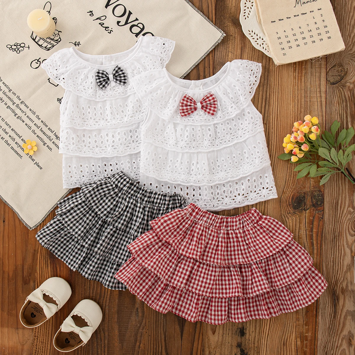 

Летние модные костюмы для девочек, кружевные топы без рукавов с бантом и красной клетчатой юбкой, комплект из 2 предметов в корейском стиле для маленьких девочек