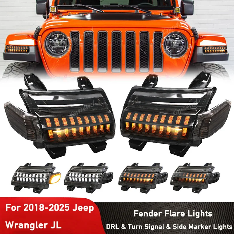 

Off Road 4x4 Front Fender Flare Light With LED Signal Lights & DRL & Side Marker Lights For 2018-2025 Jeep Wrangler JL JT