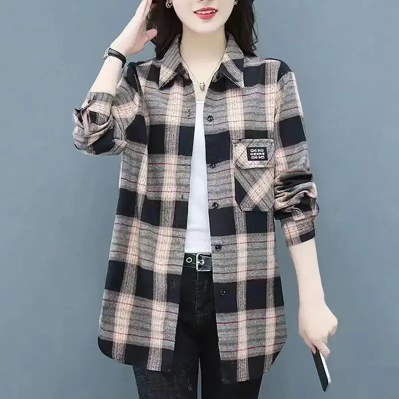 2024Spring and Autumn New Loose and Skinny Plaid Shirt for Women Outdated and Stylish Aging Shirt Spring Versatile Top for Women