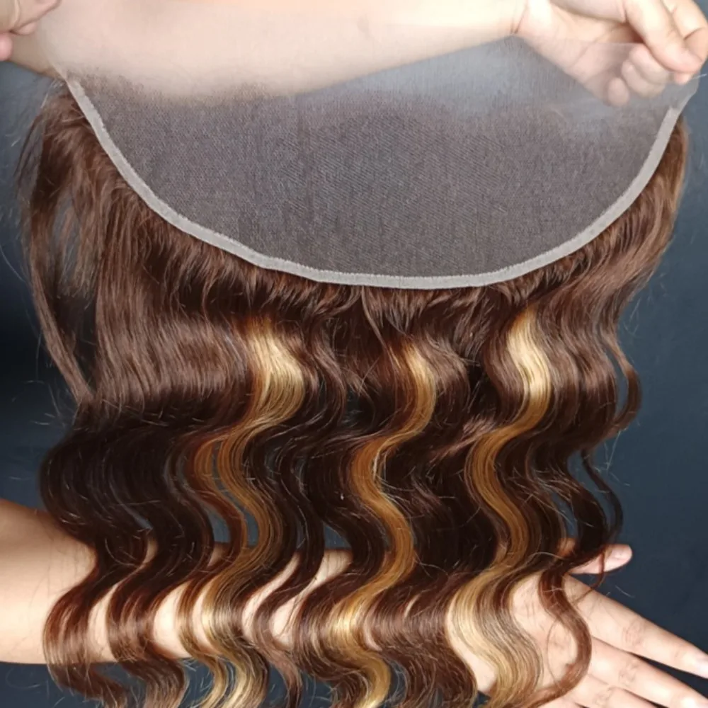 P4/27 العسل شقراء تسليط الضوء على الجسم موجة أمامي فقط الشعر البشري 12A 100% عذراء البرازيلي 13x4 الأذن إلى الأذن الدانتيل الشفاف