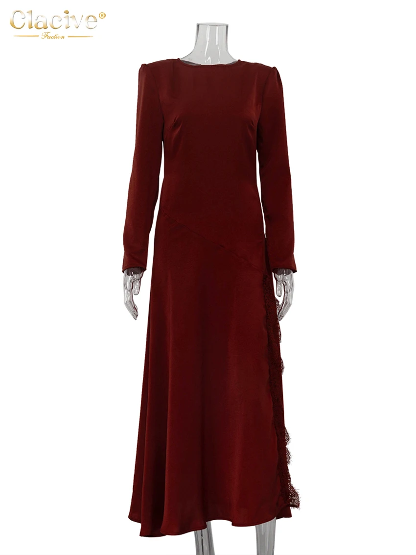 Clacive Fashion Loose Dark Red Women Dress Casual O-Neck Long Sleeve Maxi  Dresses Elegant Classic Slit Female Dress Streetwear - AliExpress 200000345