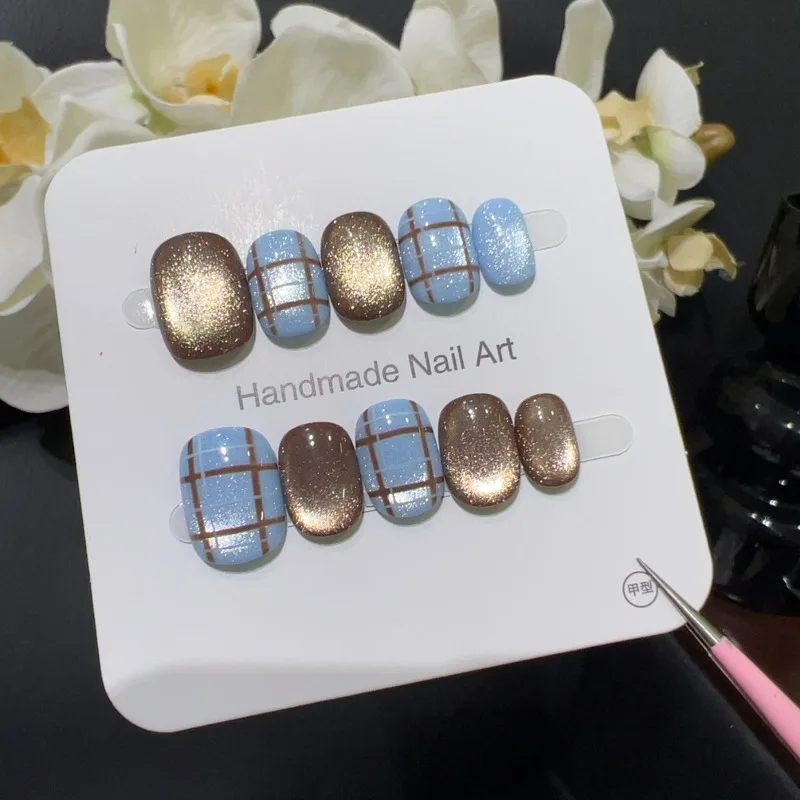 

Handmade Press on Acrylic Nails High Quality Blue Nail Tips Autumn Brown Cat Eye Stick-on Nails False Nails with Box and Tools
