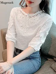 Casual Embroidered Cotton Women's Blouse O Neck Short Sleeve Loose White Tops Summer Flowers Chiffon Shirts Fashion Blusas 21214