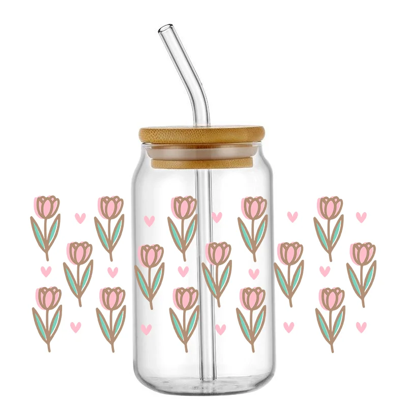 Bloemen Uv Dtf Sticker Voor 16Oz Cup Wrap Transfer Sticker Custom Label Diy Logo Zelfklevend