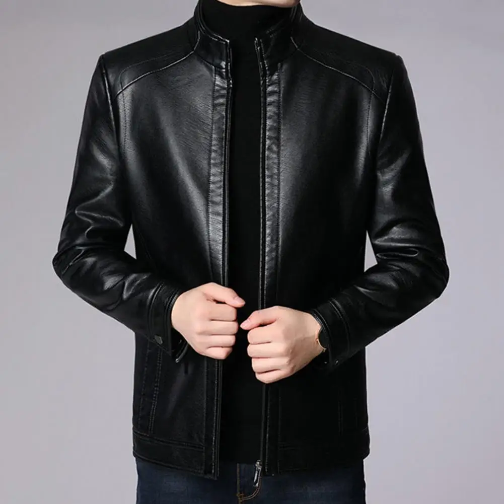 

Men Jacket Stylish Men's Faux Leather Jacket with Plush Lining Business Coat for Winter Zipper Placket Stand Collar Lapel Long