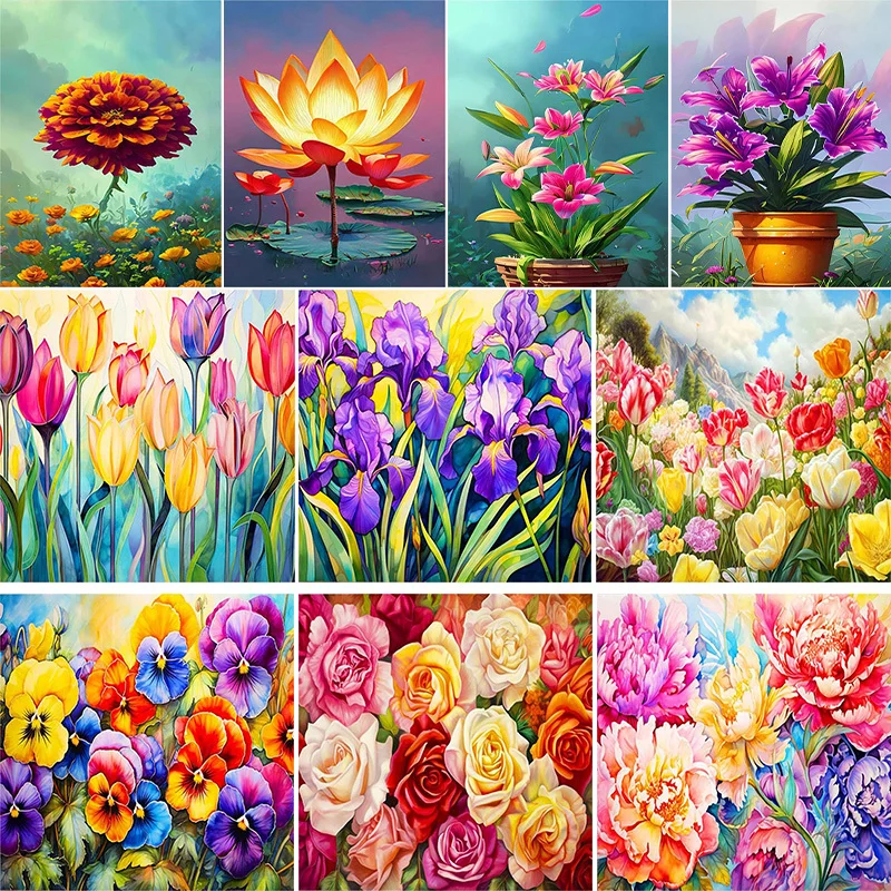 Pintura Modular hecha a mano para adultos, pintura pintada a mano para colorear por números, flores, lirio, Tuilp, rosa, peonía, imagen para decoración de cocina