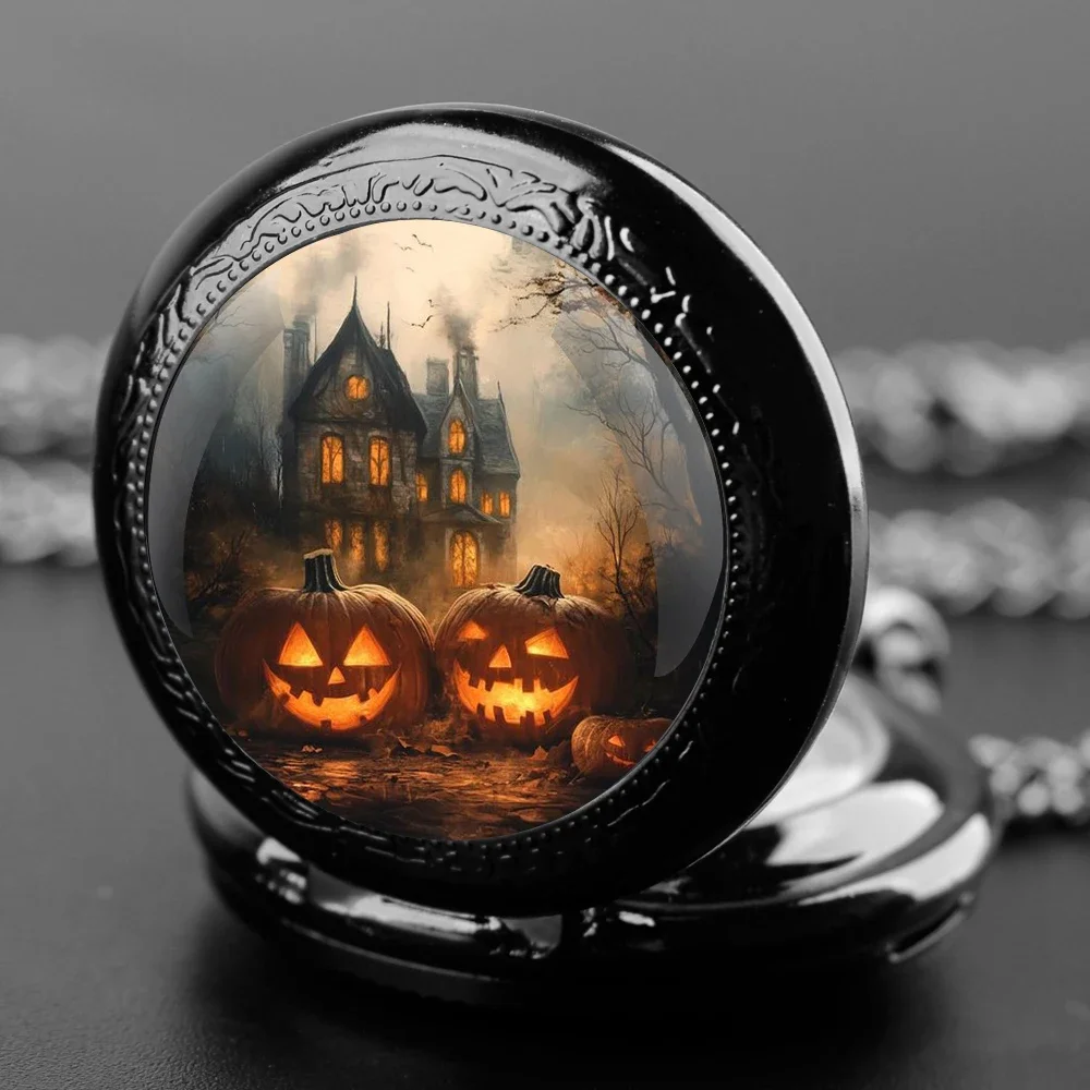 Halloween Design Glass Dome Pocket Watch Quartz Accuracy Durable Chain Sharp Arabic Numerals Festive Creative Gift For Kids