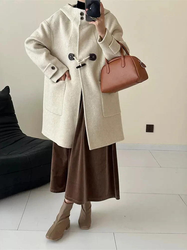 LANMREM Hooded Double Sided Woolen Coat Women\'s Solid Color Casual High End Coats Versatile 2024 Autumn Winter New 2Z2322