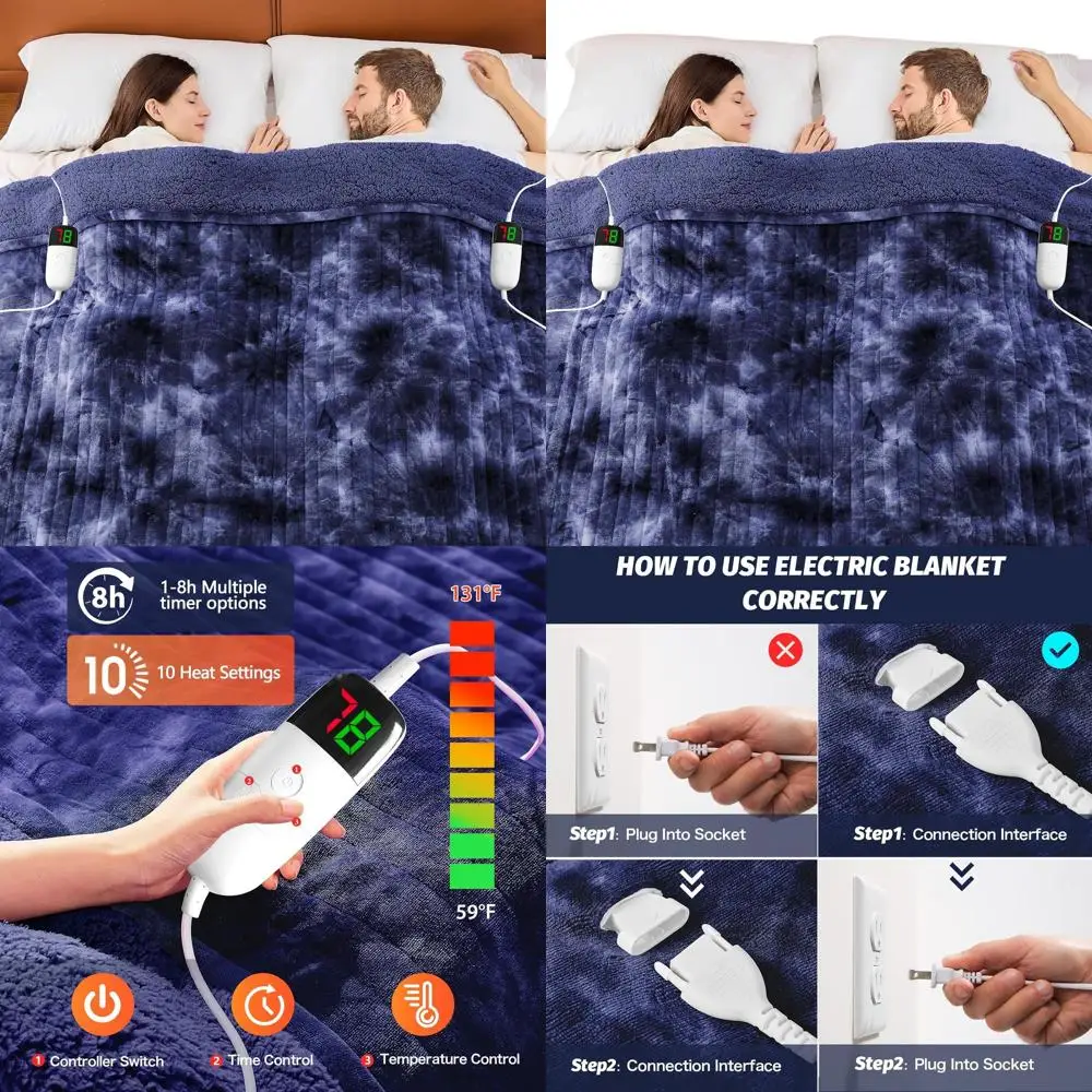 

Уютное электрическое одеяло из шерпа с 5 таймерами и 10 уровнями нагрева, идеальный зимний подарок для дивана-кровати, кобальт 84x90