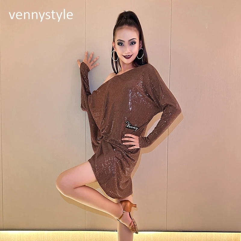 Venny Girls Prom Dress Long Sleeve Latin Dance Clothes Kids Professional Dancing Performance Dress Rumba Costume Bodysuit Skirt