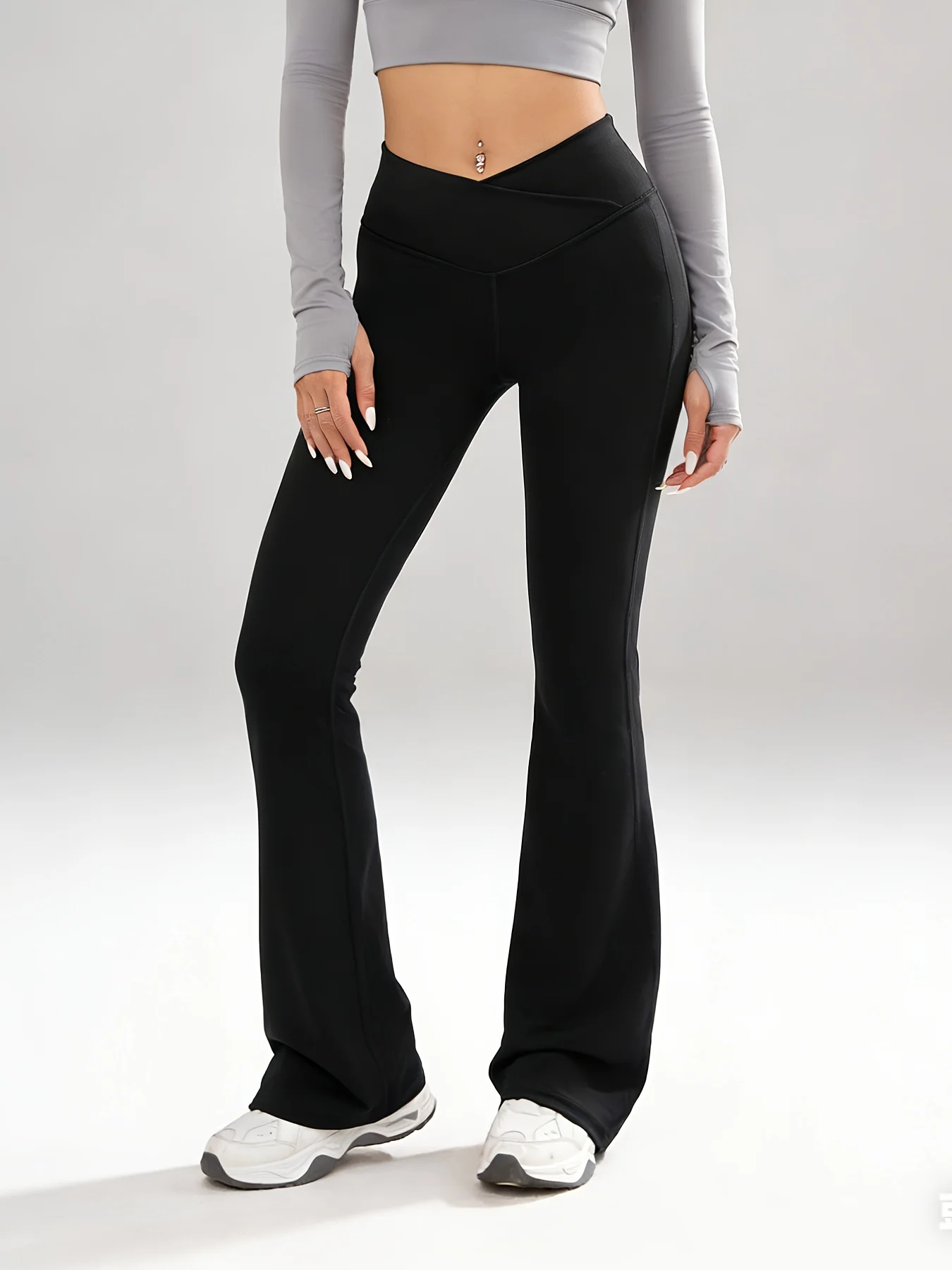 スリムVカットハイウエストフレアレギンス ソフトストレッチお腹コントロールヨガパンツ ジム＆普段着カジュアルパンツ スウェットパンツ