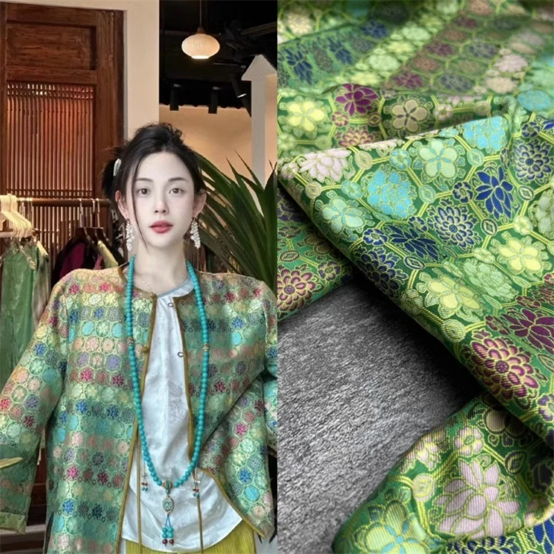 Classic Fashion Green Geometric Small Plaid Silk Woven Old Song Brocade Fabric Light Luxury Vest Small Coat Cloth Design Fabrics