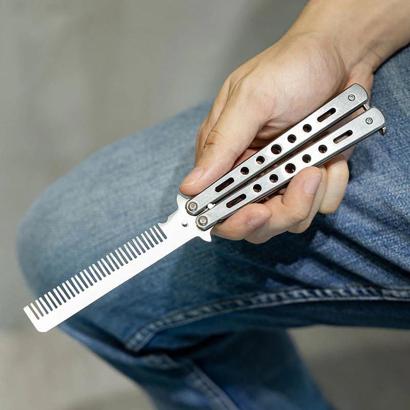 Pente de Faca de Borboleta de Dobrável Prática de Treinamento Butterfly Comb Escovas para Barbeiro Ferramentas de Cabeleireiro Aço Inoxidável